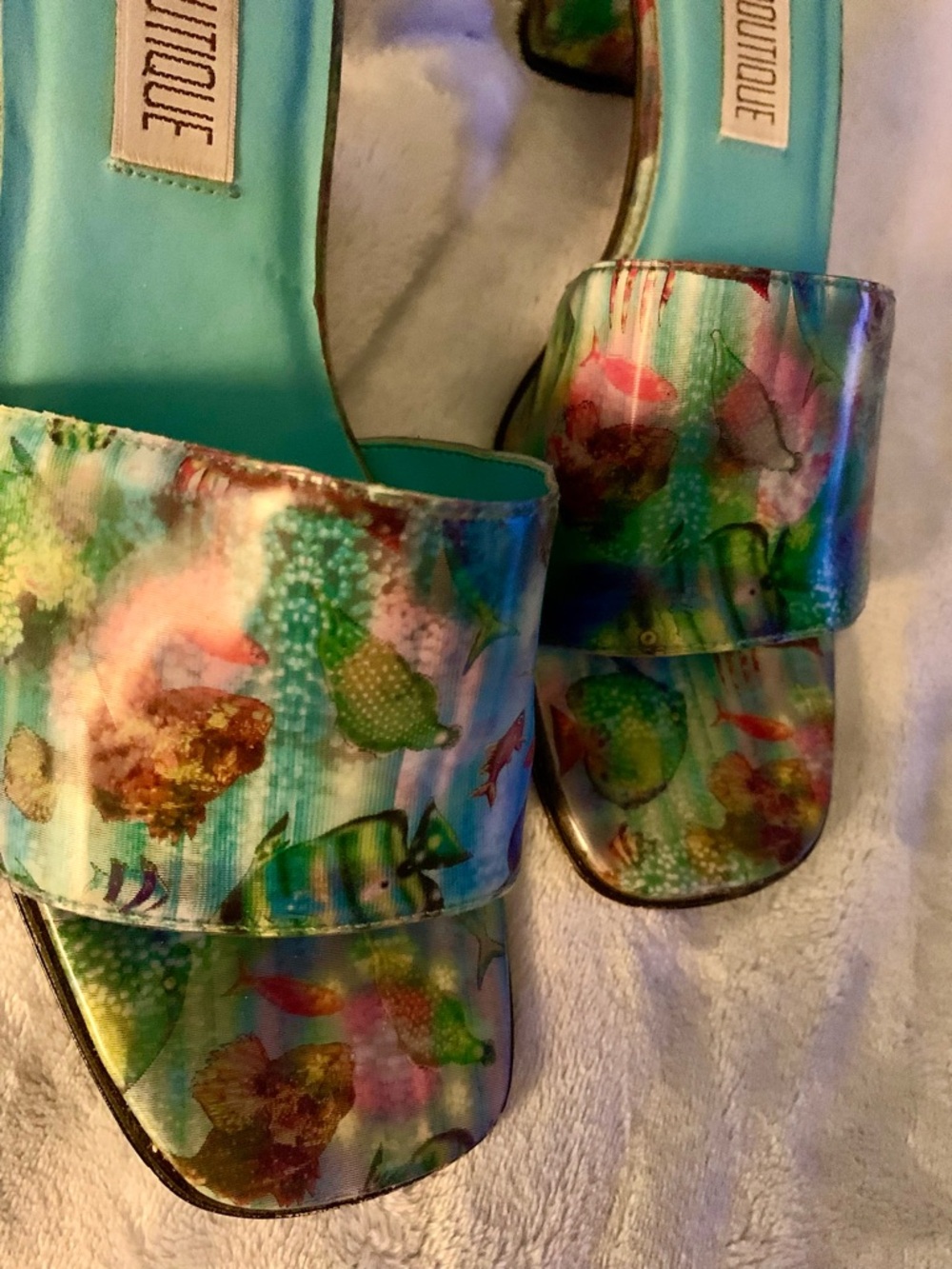 Vintage Palm Beach Marino Boutique Fish Holographic Kitten Slides Size 10 EC - Picture 4 of 8
